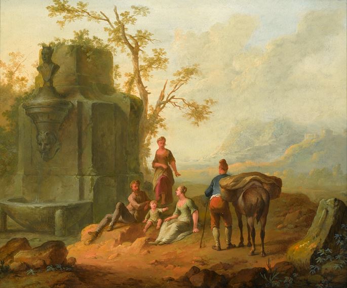 Franz de Paula  Ferg - &quot;A Classical Landscape with a Family Resting by the Ruins of a Fountain, a Man with a Pack-Donkey Passing by&quot; &amp; &quot;A Classical Landscape with a Family Resting by the Ruins, a Boy Struggling with an Obstinate Pack Mule&quot; | MasterArt